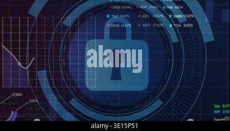 Displaying central blue padlock icon over concentric HUD rings on screen, with grid and tickers Stock Photo