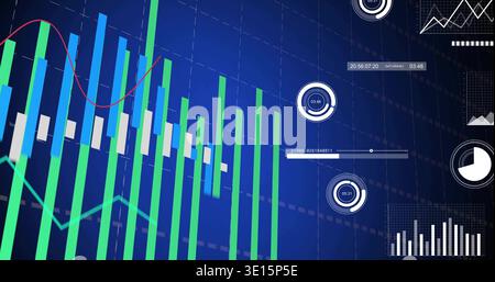 Displaying analytics dashboard showing green-blue bars with aqua, red graphs and radial gauges Stock Photo