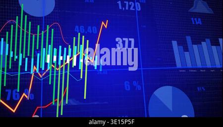 Displaying trading dashboard on screen showing candlestick bars and orange rising line, pie chart Stock Photo
