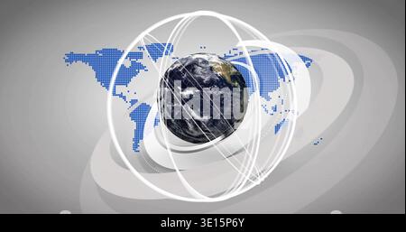 Spinning realistic Earth globe showing white orbital lines, rings and blue dotted map in studio Stock Photo