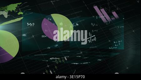 Showing overlapping translucent pie charts rotating in virtual grid, with pink bars and math notes Stock Photo