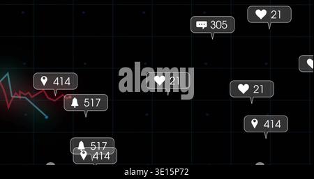 Displaying floating bubble cluster on dark dashboard, showing heart21, chat305, pin414, bell517 Stock Photo