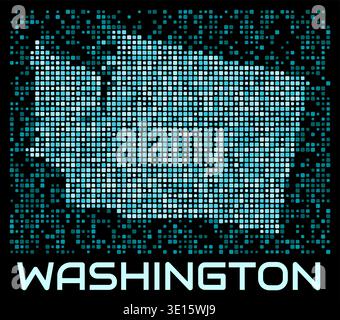 Washington, United States digital dotted map. Shape of the state in cyan color palette on dark background. Stock Vector