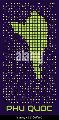 Phu Quoc dots map. Vietnam. Digital style shape of the island. Phu Quoc map and title lime colored square dots with round corners. Stock Vector