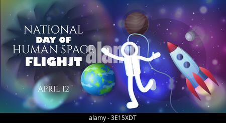 National day of human space flight April 12. Astronaut in outer space with rocket, Saturn, Earth, satellite and stars, meteorite and black hole. Stock Vector