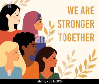 Group of diverse women portraits representing unity empowerment equality and support. Female solidarity concept with different cultures and ethnicitie Stock Vector