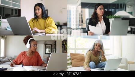 Multiethnic female students studying at laptop at home and office Stock Photo