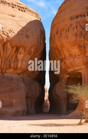 The Diwan, an ancient Nabataean banquet hall carved into Jabal Ithlib in Hegra, AlUla, Saudi Arabia Stock Photo