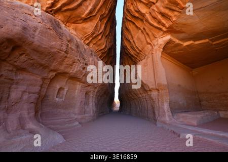 The Diwan, an ancient Nabataean banquet hall carved into Jabal Ithlib in Hegra, AlUla, Saudi Arabia Stock Photo
