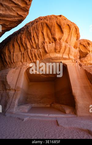 The Diwan, an ancient Nabataean banquet hall carved into Jabal Ithlib in Hegra, AlUla, Saudi Arabia Stock Photo