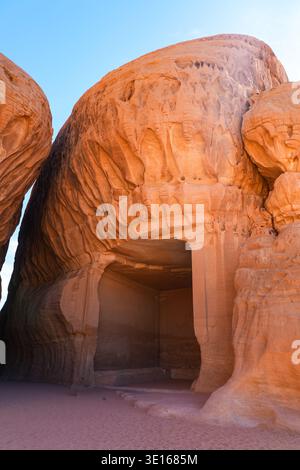 The Diwan, an ancient Nabataean banquet hall carved into Jabal Ithlib in Hegra, AlUla, Saudi Arabia Stock Photo