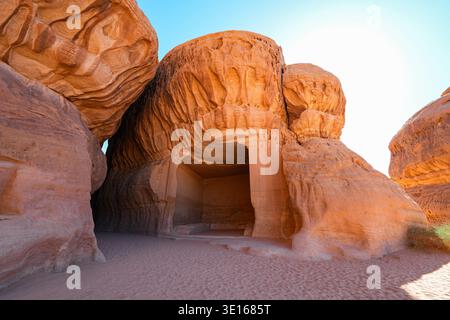 The Diwan, an ancient Nabataean banquet hall carved into Jabal Ithlib in Hegra, AlUla, Saudi Arabia Stock Photo