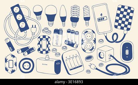 Blue hand drawn vector set of electricity equipment including light bulbs batteries and power sockets. Collection of energy supply icons and charging Stock Vector