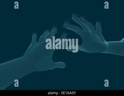 graphic of two dotted hand reaching to each other, concept of virtual reality technology Stock Vector