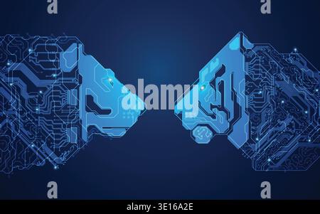 futuristic digital lion versus technological tiger, shape of lion and tiger head combined with electronic board, concept of powerful technology confro Stock Vector
