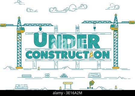 concept of under construction website, graphic of construction site with industrial crane Stock Vector