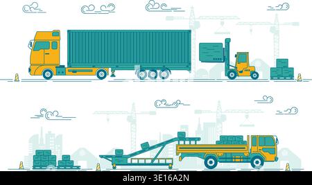 graphic of loading truck and forklift in operating process, concept of industrial shipment Stock Vector