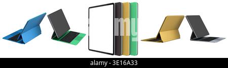 Multiple black-framed digital tablets stacked with colorful sheets, isolated on white background, concept of technology and modern devices Stock Photo