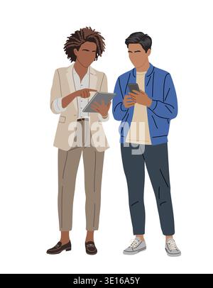 Two people stand close engaged with digital device Stock Vector