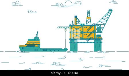 flat design vector of oil platform with freight ship on operating process for industrial infographics Stock Vector