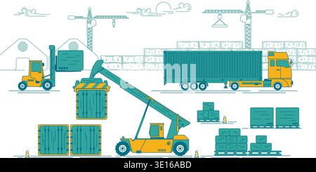 concept of industrail logistic, graphic of forklifts and trailer truck on operating process in factory Stock Vector