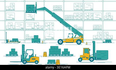 concept of industrail warehousing, graphic of forklifts on operating process in warehouse Stock Vector