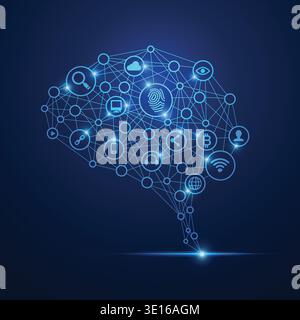 concept of global network or communication world, graphic of brain with digital technology icons Stock Vector
