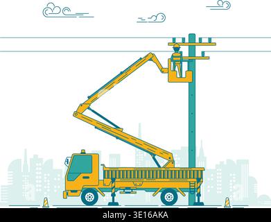 graphic of electric pole and electrician with basket crane truck on process of maintenance Stock Vector