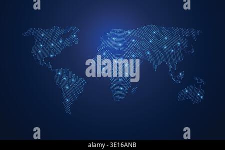 concept of global network or digital technology communication, graphic of world map combined with electronic board pattern Stock Vector