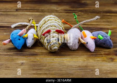 Set of mouses toys for cat on wooden background Stock Photo