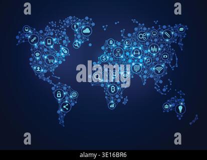 concept of internet of things, graphic of world map combined with digital technology icons Stock Vector