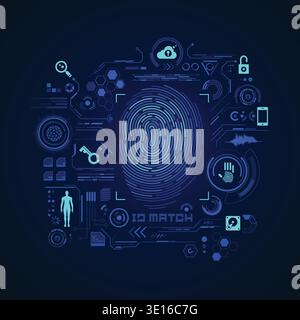 concept of cyber security or biometrics, graphic of futuristic fingerprint with digital technology icons Stock Vector
