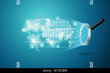 concept of search engine development, realistic magnifying glass with futuristic globe and digital technology icons Stock Vector