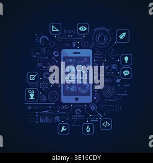 concept of UX UI design, graphic of device application with digital technology icons Stock Vector