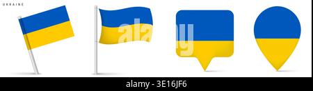 Ukraine flag icon collection including waving flag on pole, rectangular location marker and map pin design. National symbol isolated on white backgrou Stock Vector