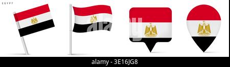 Collection of Egypt flag icons including waving flag on pole, rectangular location marker and map pin symbol. National emblem isolated on white backgr Stock Vector