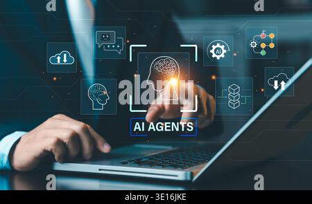 Businessman using laptop with AI Agents and brain processing icons, futuristic automation and machine learning technology for business efficiency. Stock Photo