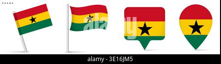Set of Ghana flag icons including waving flag on pole, rectangular location marker and map pin icon. National symbol isolated on white background for Stock Vector