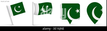 Pakistan flag icon collection including waving flag on pole, rectangular location marker and map pin symbol. National emblem isolated on white backgro Stock Vector