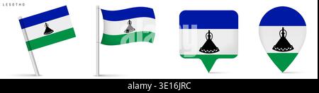 Set of Lesotho flag icons including waving flag on pole, rectangular location marker and map pin icon. National symbol isolated on white background fo Stock Vector