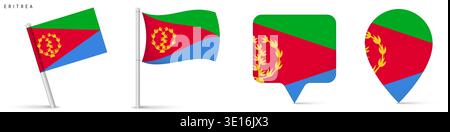 Eritrea flag icons set featuring waving flag on pole, rectangular location marker and map pin symbol. National emblem isolated on white background for Stock Vector