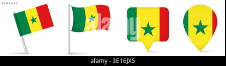 Set of Senegal flag icons featuring waving flag on pole, rectangular location marker and map pin icon. National symbol isolated on white background fo Stock Vector