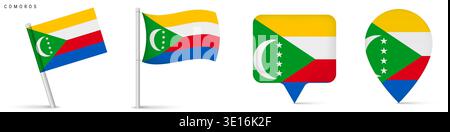 Set of Comoros flag icons including waving flag on pole, rectangular location marker and map pin icon. National symbol isolated on white background fo Stock Vector