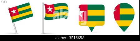Togo flag icon collection including waving flag on pole, rectangular location marker and map pin shape. National symbol isolated on white background f Stock Vector