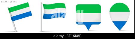 Collection of Sierra Leone flag icons featuring waving flag on pole, rectangular location marker and map pin icon. National symbol isolated on white b Stock Vector