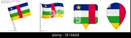 Central African Republic flag icons set including waving flag on pole, rectangular location marker and map pin icon. National symbol isolated on white Stock Vector