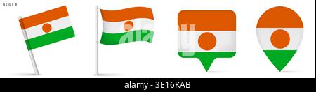 Niger flag icon collection including waving flag on pole, rectangular location marker and map pin symbol. National emblem isolated on white background Stock Vector