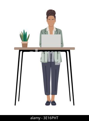 Woman stands at desk with laptop open Stock Vector