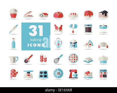 A comprehensive set of 31 flat icons for bakery items and baking tools. Perfect for menus, food blogs, and kitchen-related websites or apps. Stock Vector