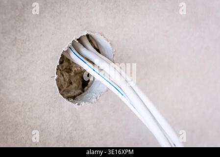 Close-up of electrical wires protruding from holes in a drywall for socket installation during home renovation. Stock Photo
